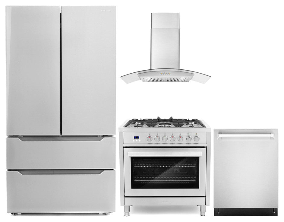 4-Piece, 36" Range, Wall Mount Range Hood, 24" Dishwasher and Refrigerator
