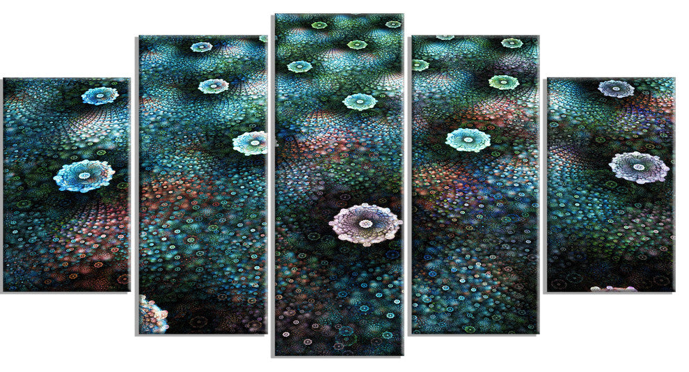 Blue Flowers on Alien Planet, Large Floral Canvas Art Print, 60"x32", 5 Panels