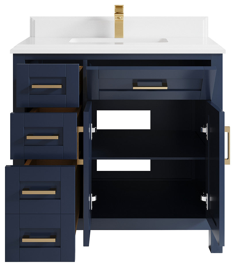 Cambridge 36 Center Sink Bath Vanity in Hale Navy Blue 1.5" White Quartz