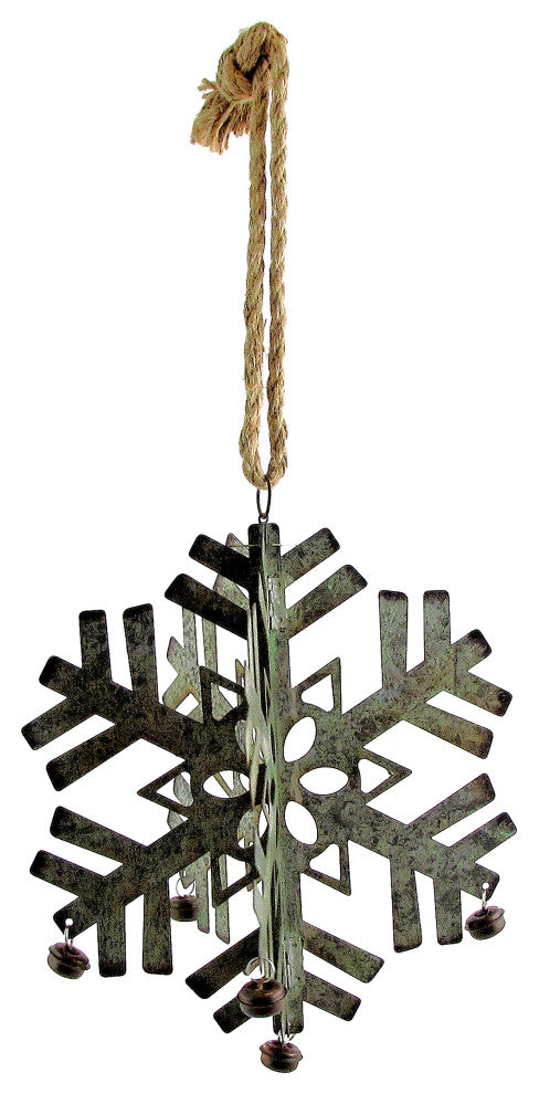 Hanging Galvanized Folding Snowflakes With Bells, Set of 6