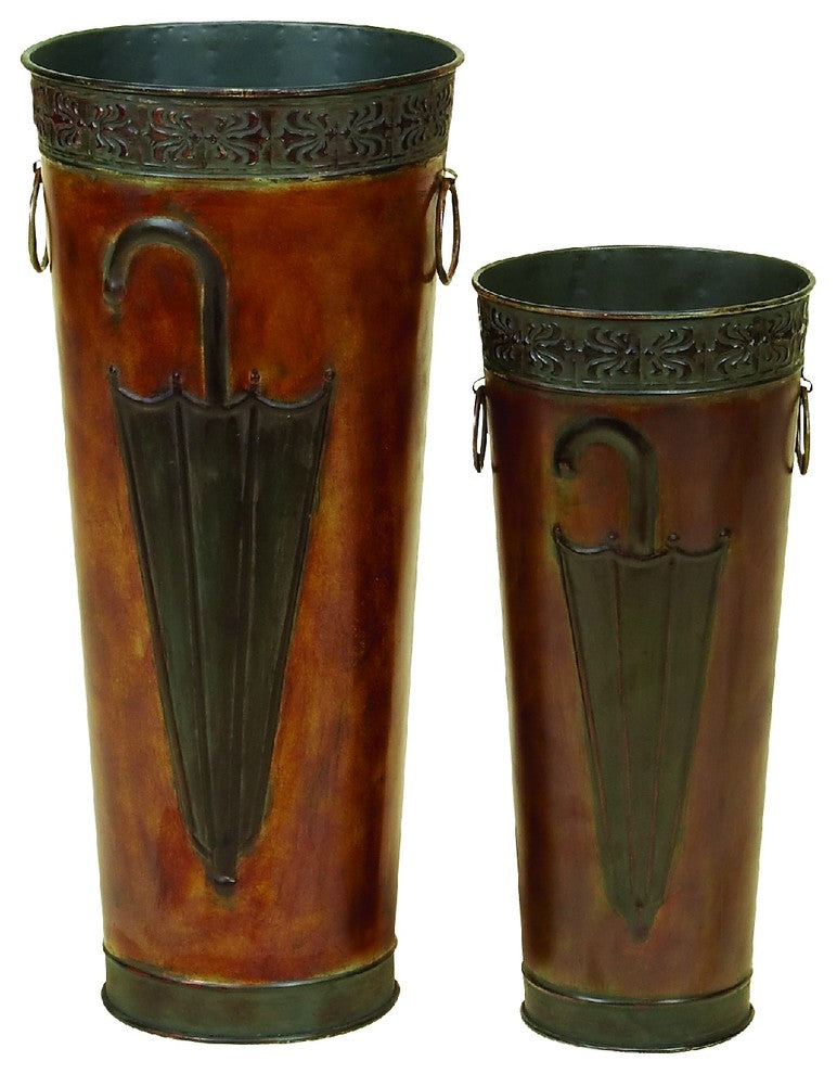 Benzara BM07627 Rustic Umbrella Stand With Engraved Details, Set Of 2, Brown