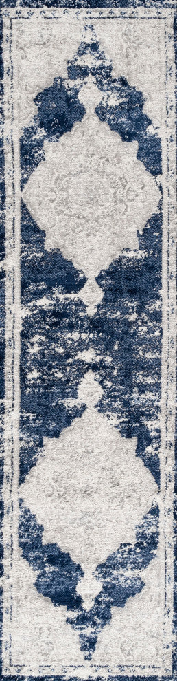 Alhambra Ornate Medallion Modern Runner Rug, Ivory/Navy, 2'x10'