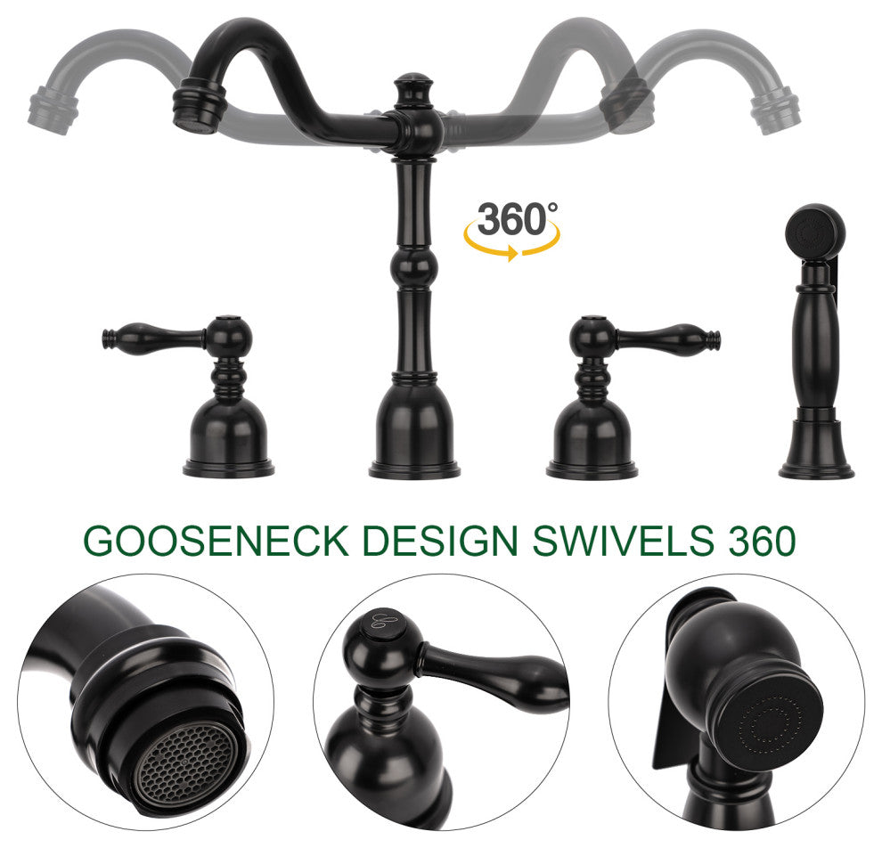 Two-Handles Copper Widespread Kitchen Faucet with Side Sprayer, Matte Black