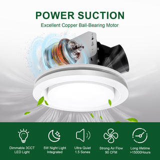 Bathroom Exhaust Fan with Light 90 CFM 1.5 Sones Dimmable Light & Night Light, Silver