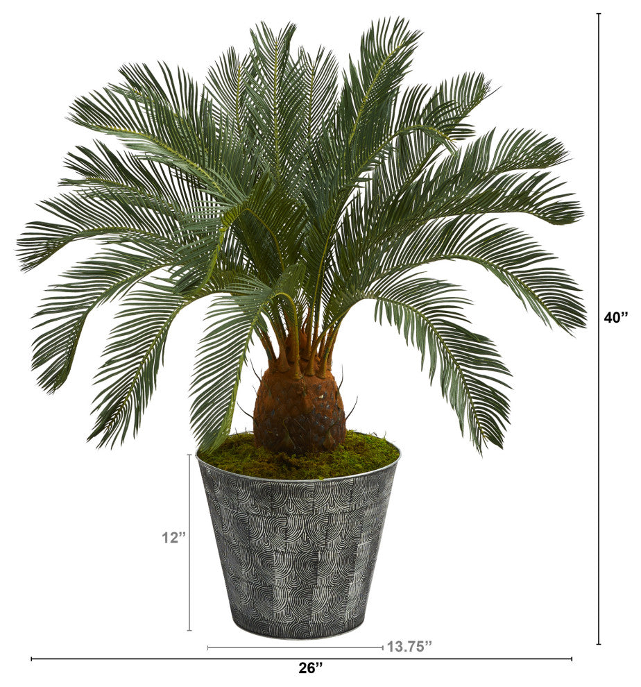 40" Cycas Artificial Tree, Black Embossed Tin Planter