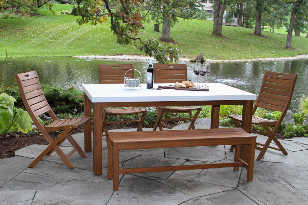 6-Piece Eucalyptus and Ivory Composite Dining Set With Folding Chairs