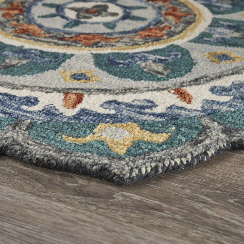 4" Round Teal Decorative Floral Area Rug