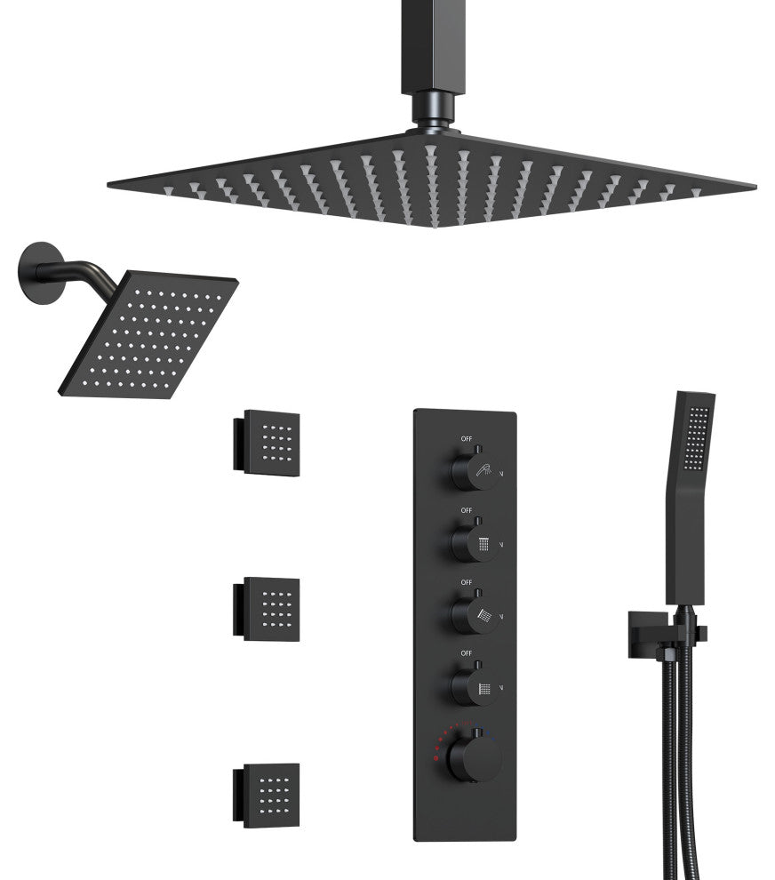 Dual Shower Heads 16" Thermostatic Shower System With Body Jets, Matte Black