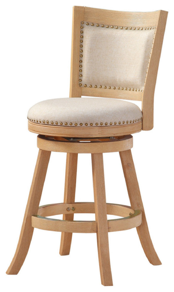 Benzara BM274283 Swivel Counter Stool, Curved Panel Back, Brass Nailhead, Ivory