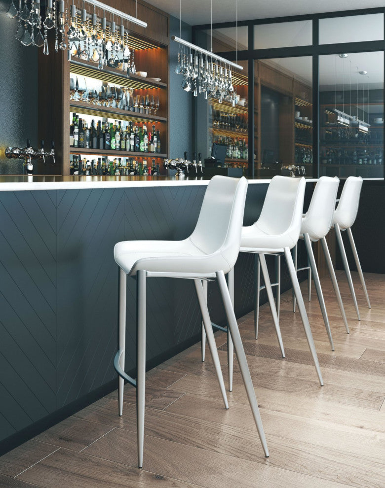 Bar Stool Chair Barstool, Set of 2, Faux Vinyl Leather, Steel, White, Silver