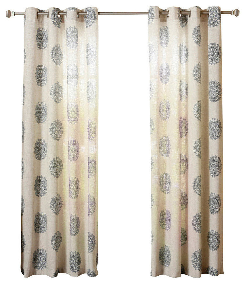 Linen Blend Medallion Printed Curtains, Pair, Blue, 84"