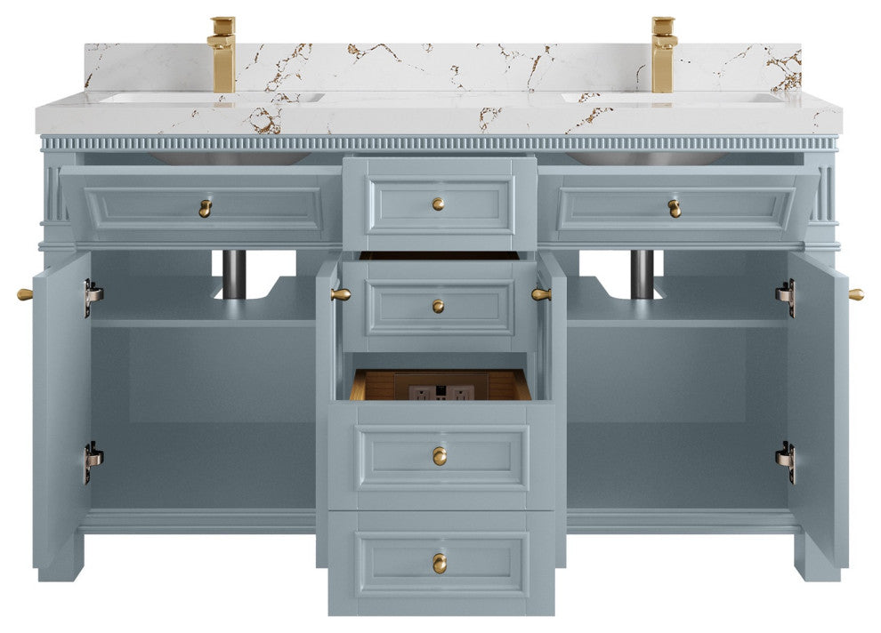 Paris 60" Double Sink Bathroom Vanity, Blue Heather 2" Viola Brown