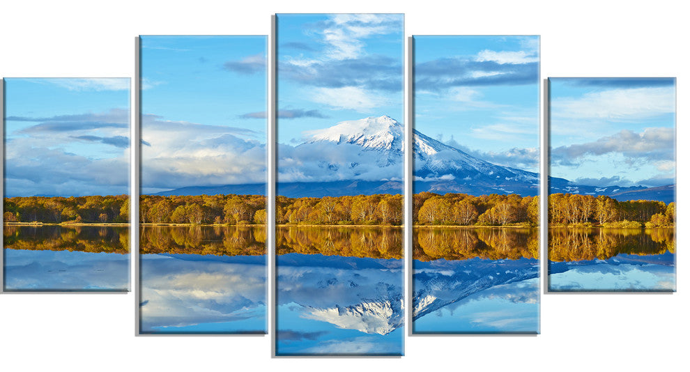 Ancient Volcano and Lake Panorama, Landscape Canvas Wall Art, 60"x32", 5 Panels