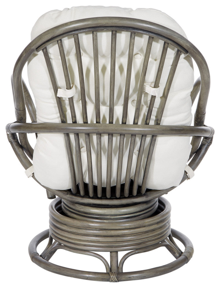 Tahiti Rattan Swivel Rocker Chair, White Fabric With Gray Frame