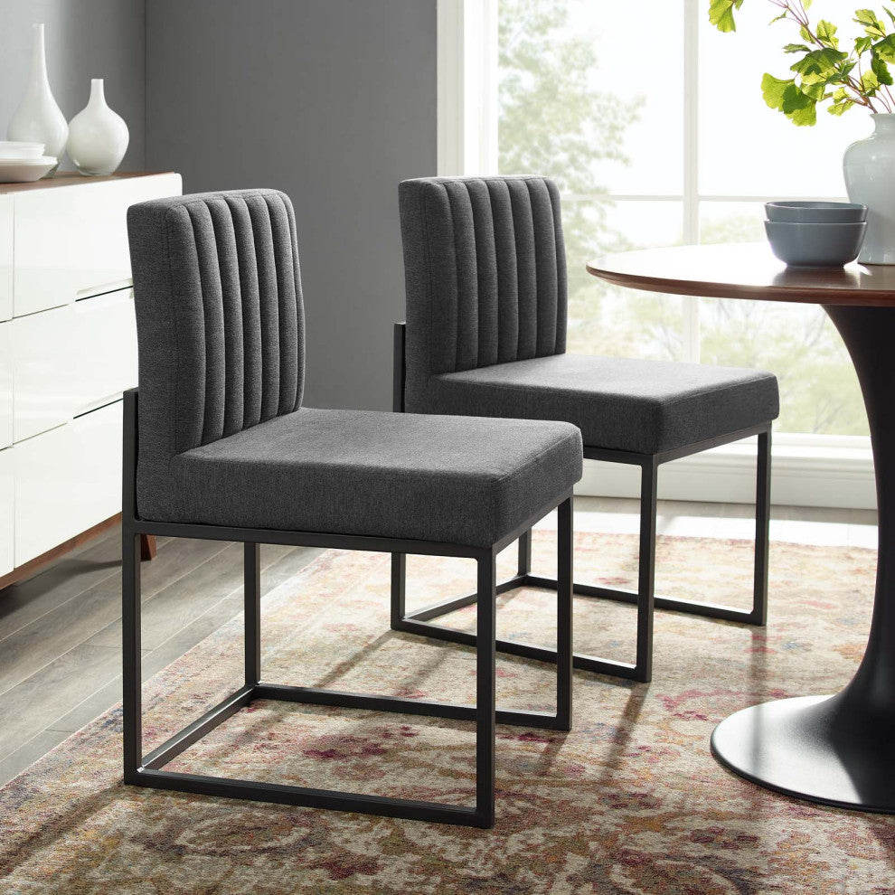 Side Dining Chair, Set of 2, Fabric, Metal, Black Gray, Modern, Cafe Bistro