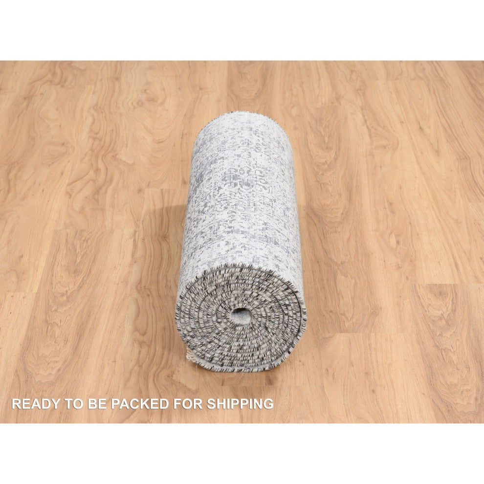 Gray Hand Knotted Erased Persian Design Wool and Silk XL Runner Rug, 2'7"x18'1"