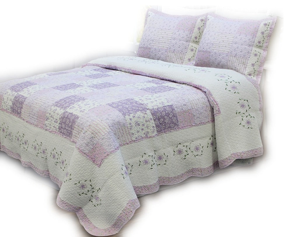 Love of Lilac Real Patchwork 100%Cotton Quilt Set, Full/Queen Set