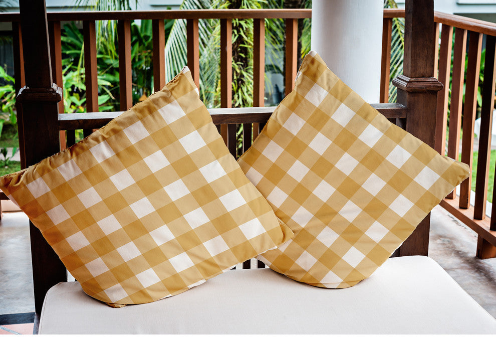 Gingham Plaid Indoor/Outdoor Throw Pillow, Golden Mustard, 18"x18"