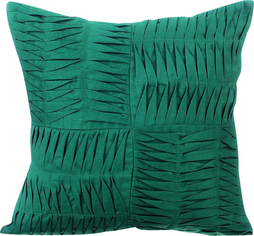 Green Throw Pillow Covers 16"x16" Cotton, Dark Green Pintuck Block