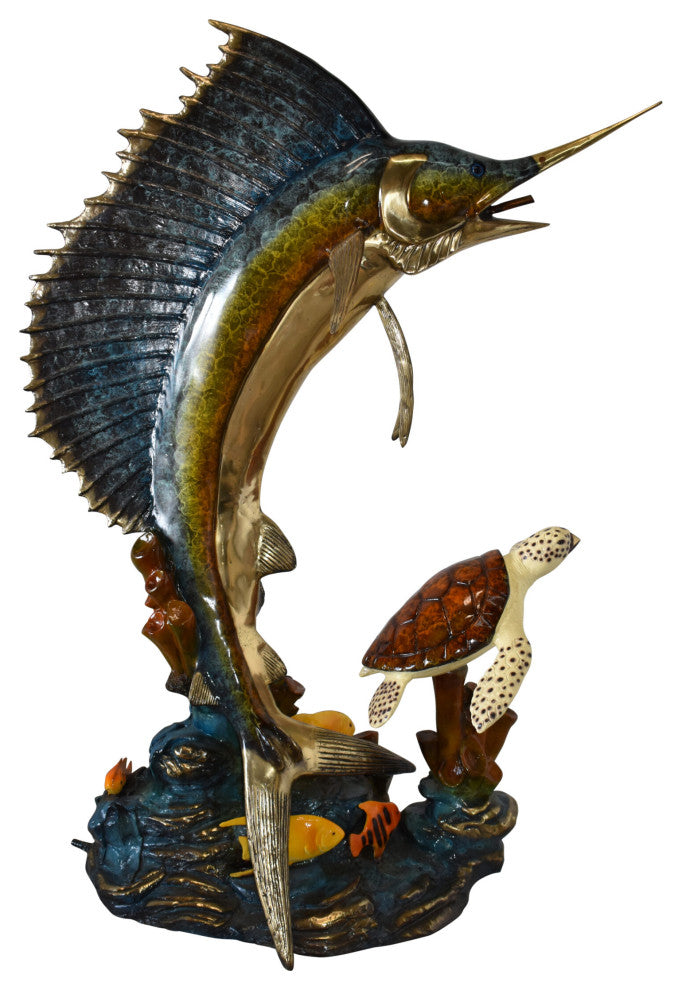Sailfish and a Large Sea Turtle Bronze Statue Size: 47" x 29" x 68"H