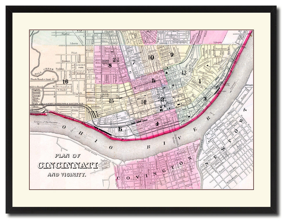 Cincinnati Vintage Antique Map Wall Art, 28"x37"