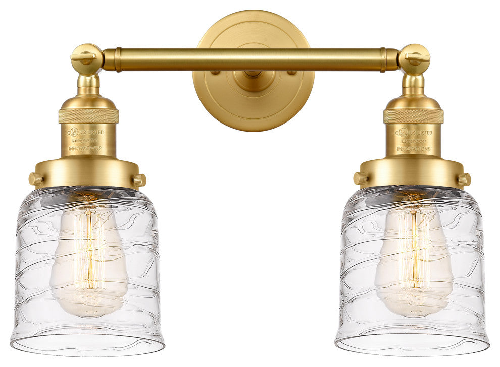 Small Bell 2 Light Bath Vanity Light, Satin Gold, Deco Swirl