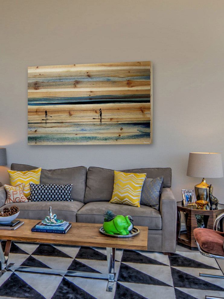 "Surfboard Paddling" Print on Natural Pine Wood, 45"x30"