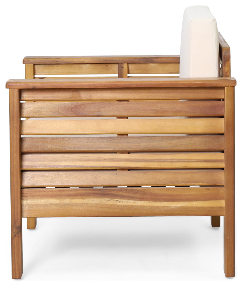 Rabun Outdoor Acacia Wood Club Chairs with Cushions, Teak + Cream, Single