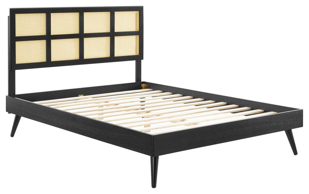 Cane Bed, Woven Rattan Bed, Art Moderne Shoji Platform Bed, Black, Queen