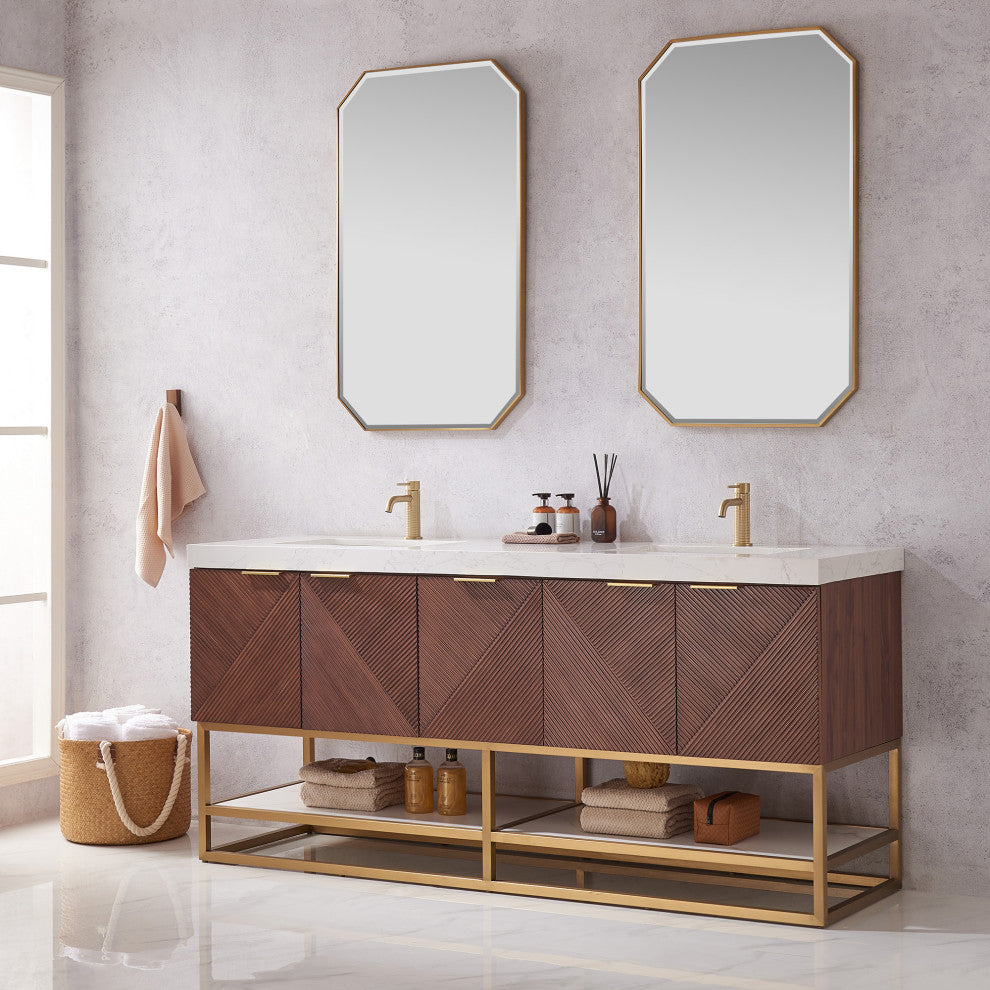 Mahon Bath Vanity, Stone Top, Brushed Gold Base, 72", Double Vanity, No Mirror