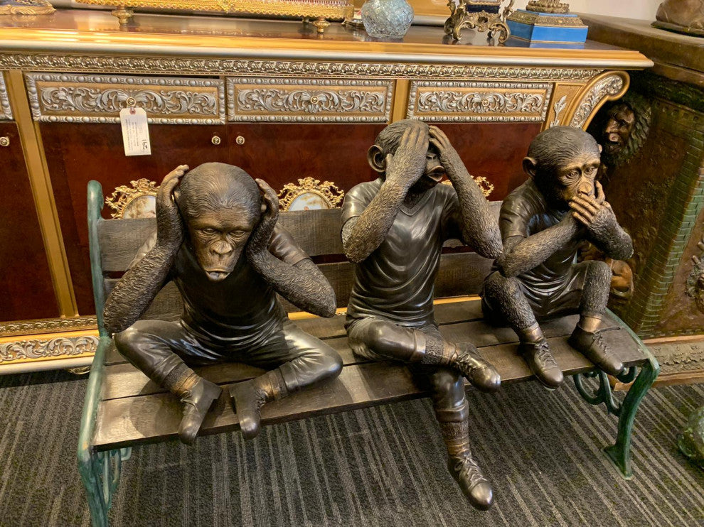 Three wise monkeys on bench large bronze statue bronze - Size: 52" x 32" x 36"