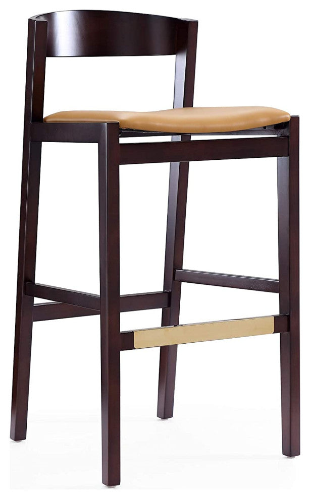 Mid Century Counter Stool, Faux Leather Seat and Low Curved Backrest, Camel
