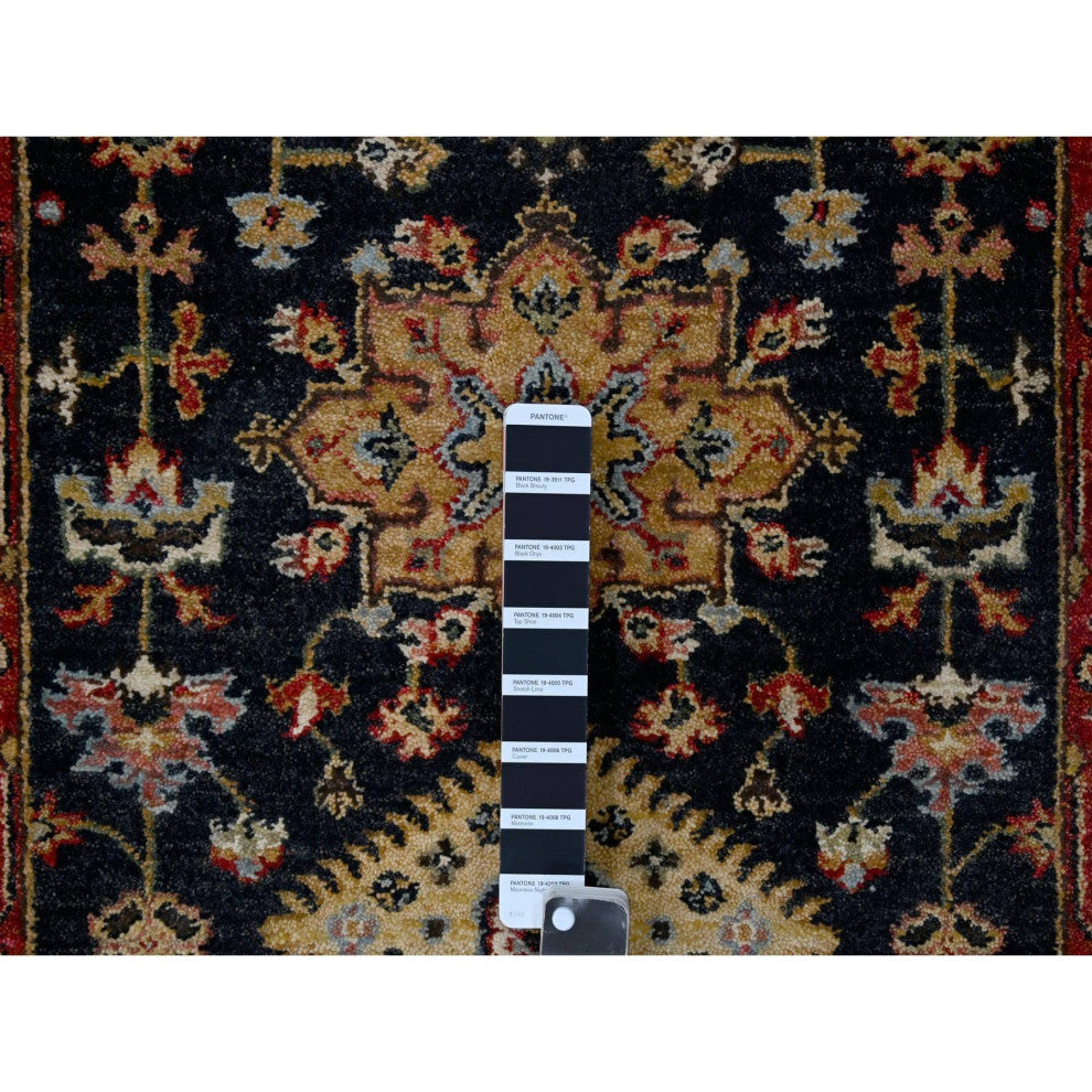 Denim Black, Organic Wool, Hand Knotted, Karajeh Design Runner Rug, 2'7"x10'1"