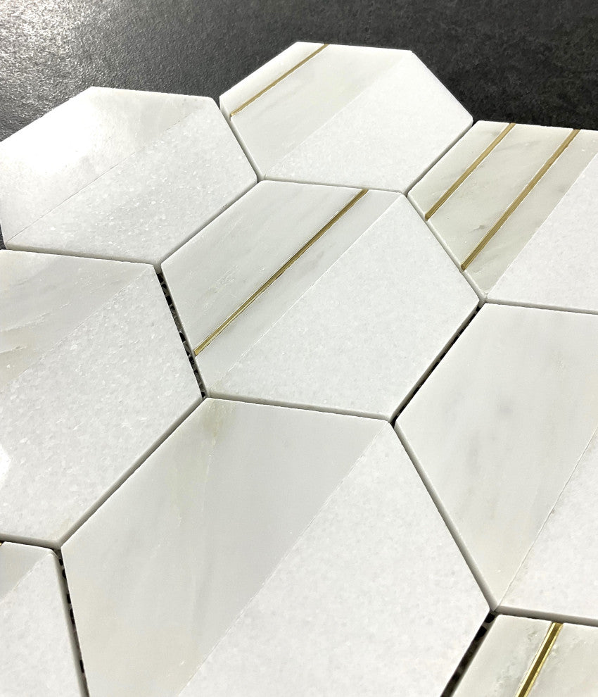8-Pieces of 4" Hexagon Mix Marble And Metal Mosaic Tile