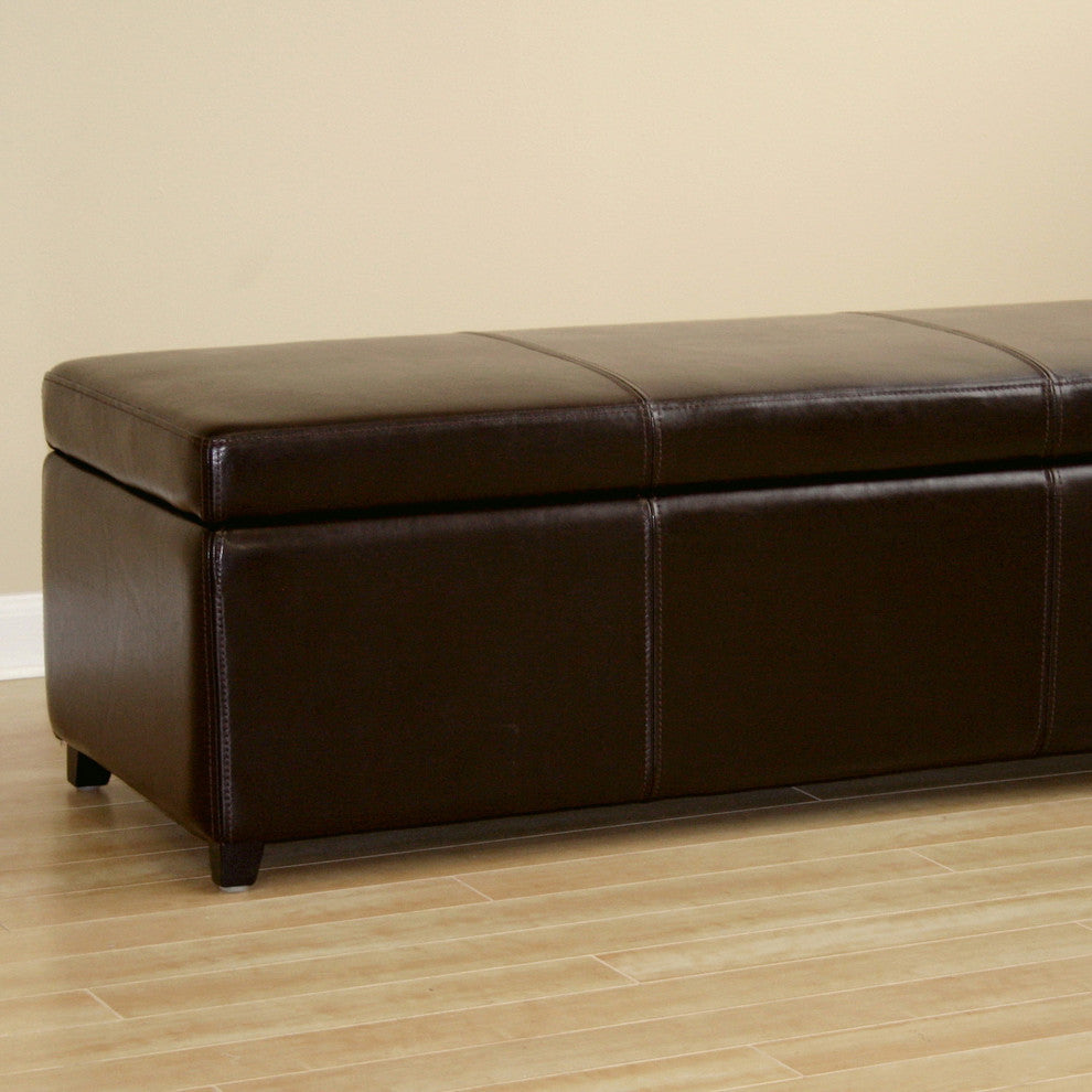 Dark Brown Full Leather Storage Bench Ottoman With Stitching