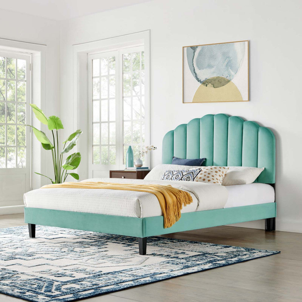 Platform Bed Frame, King Size, Blue, Velvet, Modern, Bedroom Master Guest Suite
