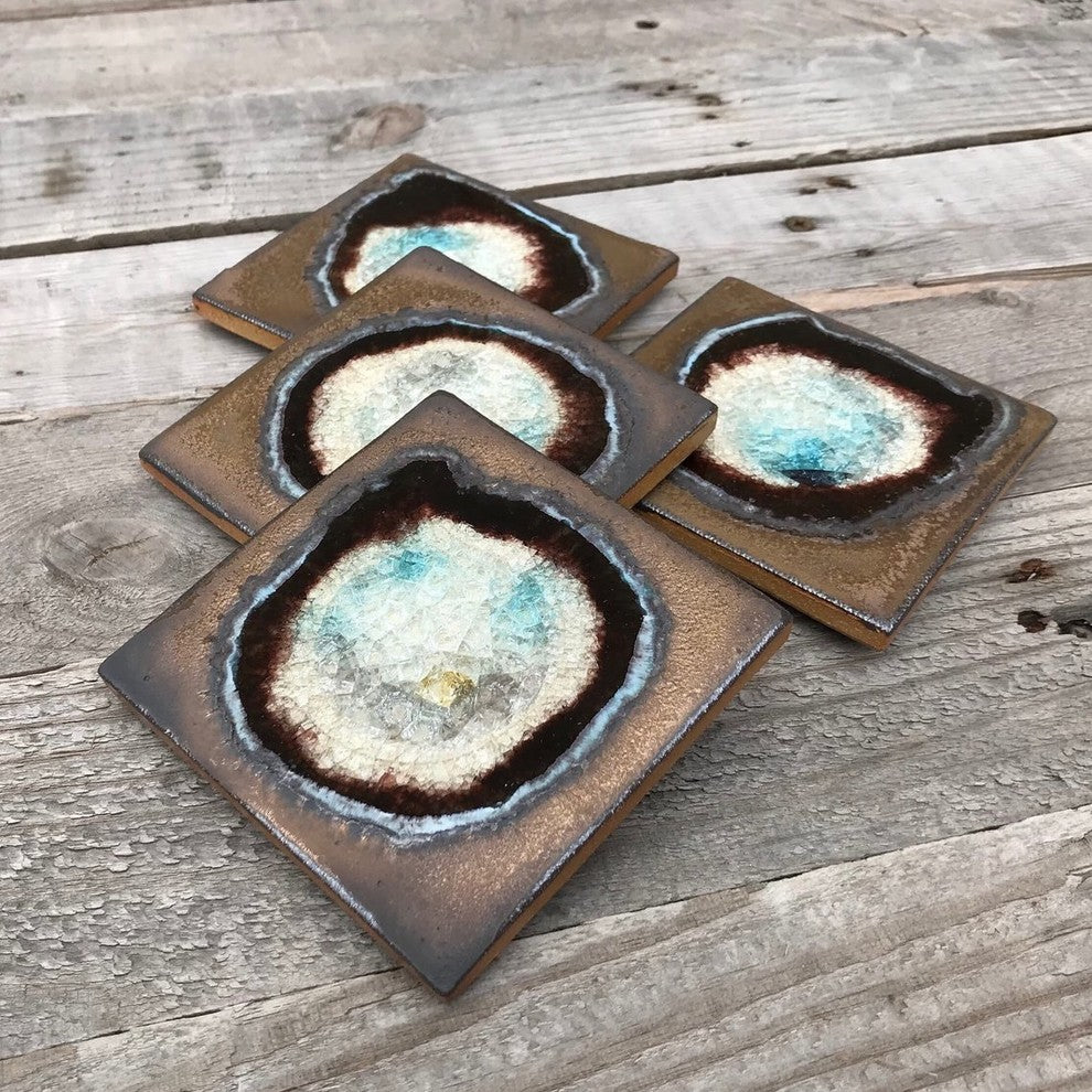 Luxe Modern Bronze Black Pottery Coaster 4-Piece Set | Agate Tile Fused Glass Sq