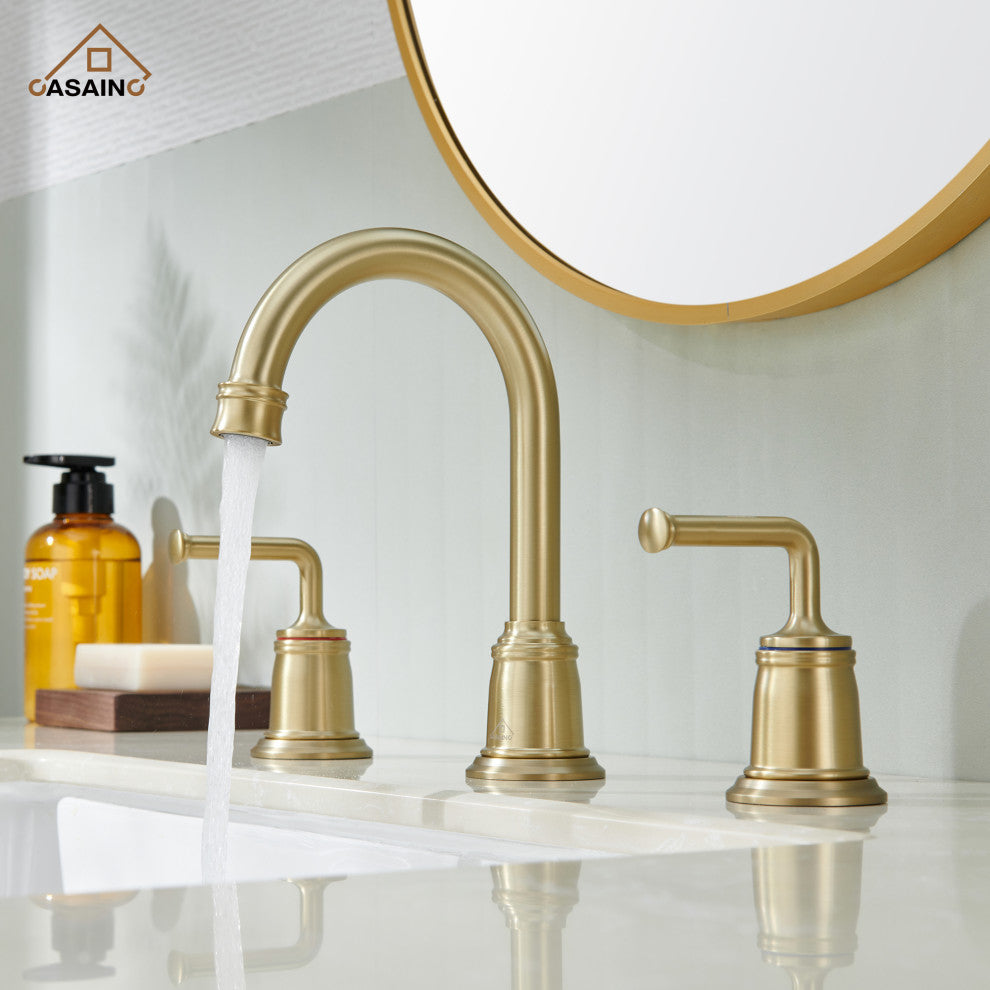 8in Brass Bathroom Sink Faucet 2 Handle 3 Hole Gold Bathroom Faucet, Brushed Gold