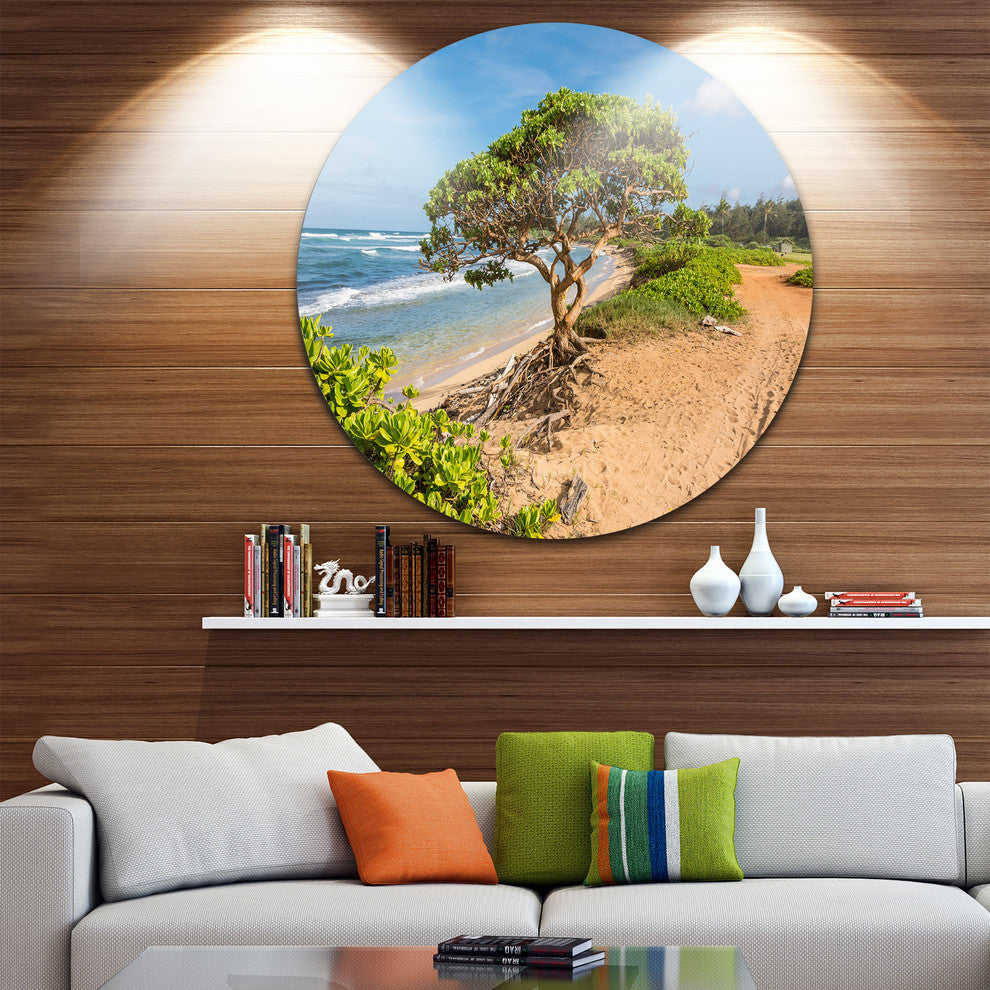 Green Tree On Beach In Kauai Hawaii, Seascape Disc Metal Wall Art, 11"