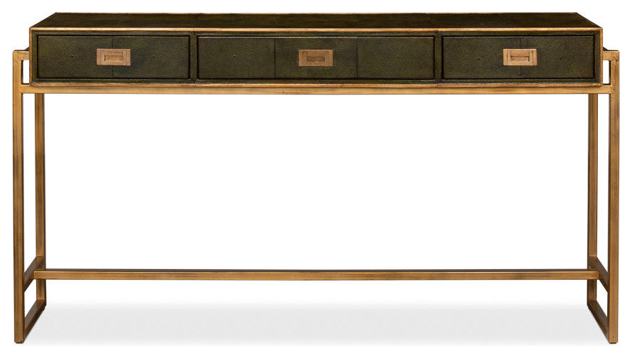 Shagreen Console Table With Drawers Leaf Green Leather