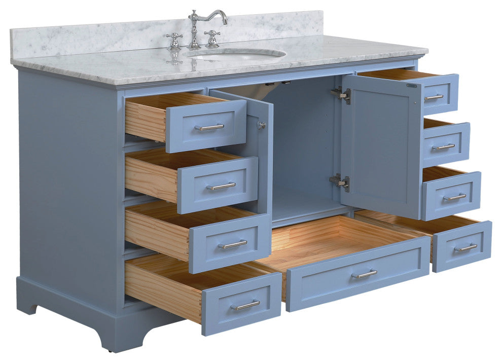 Harper 60" Bathroom Vanity, Powder Blue, Carrara Marble, Single