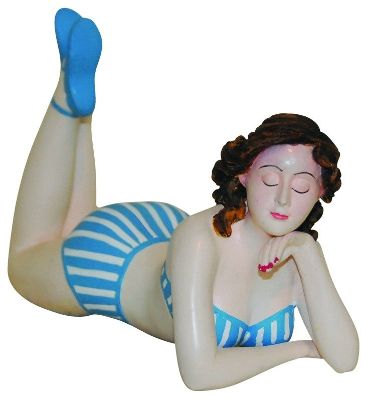 Retro Bathing Beauty Lying Figurine Statue, Swim Suit Woman Striped Bikini
