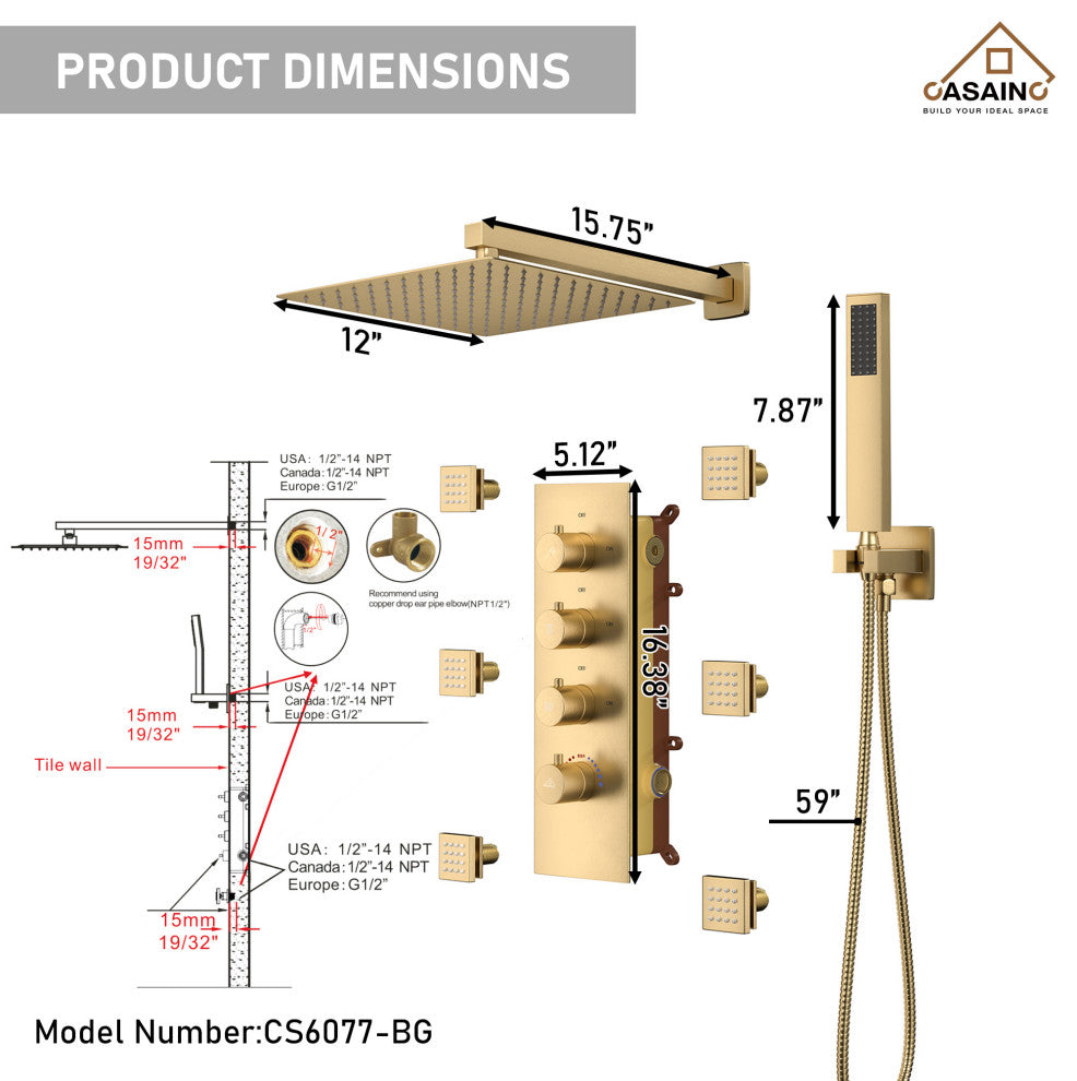 CASAINC 12" Wall Mounted Luxury Shower System Set w 6 Body Jets, Brushed Gold