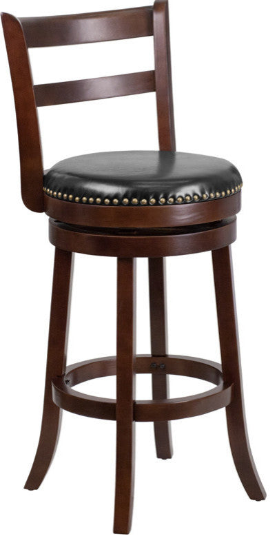 30" High Cappuccino Wood Barstool With Black Leather Swivel Seat