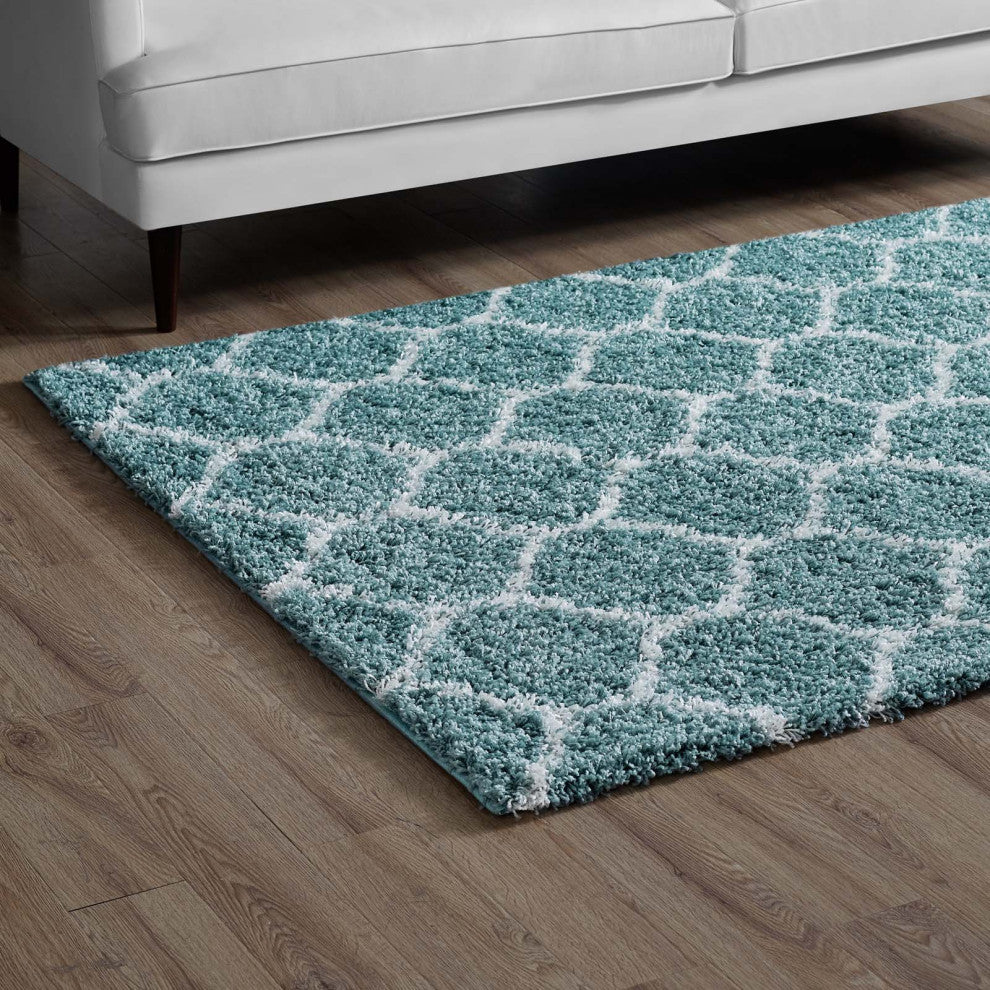 Aqua Blue and Ivory Solvea Moroccan Trellis 8x10 Shag Area Rug