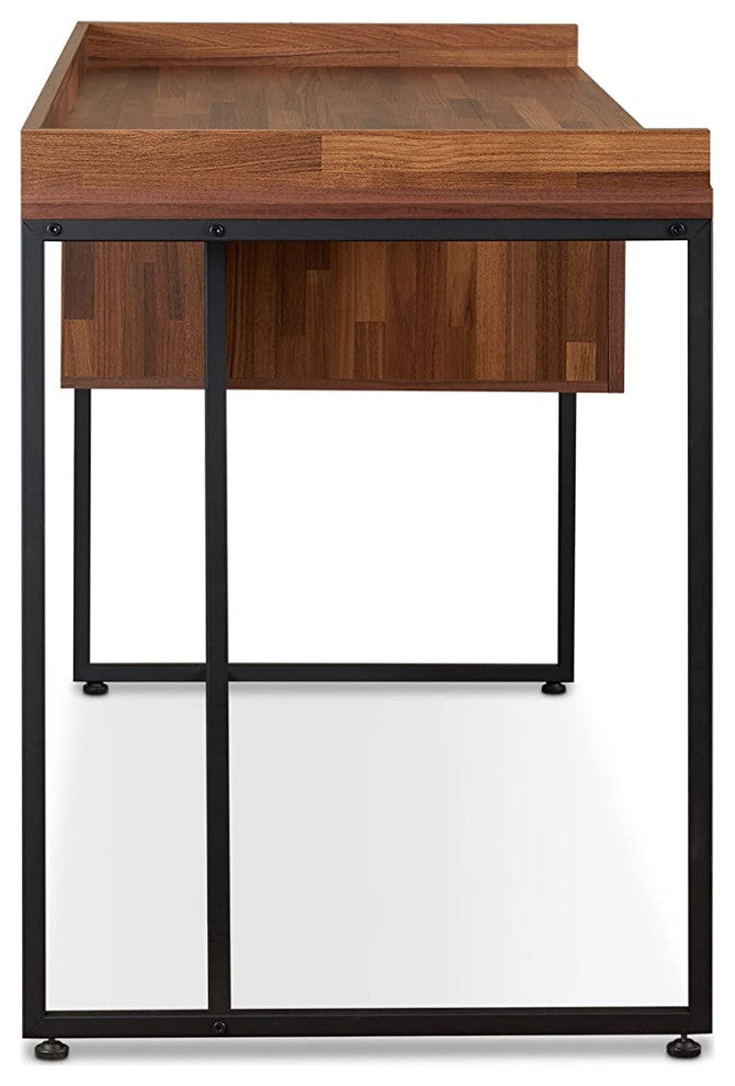 Spacious Desk, Sled Metal Base and Rectangular Top With Raised Edges, Walnut