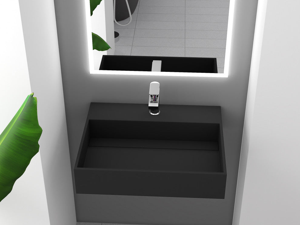 CastelloUSA Juniper Wall Mounted Countertop Concealed Drain Basin Sink, Black, 24", Center Basin, Standard