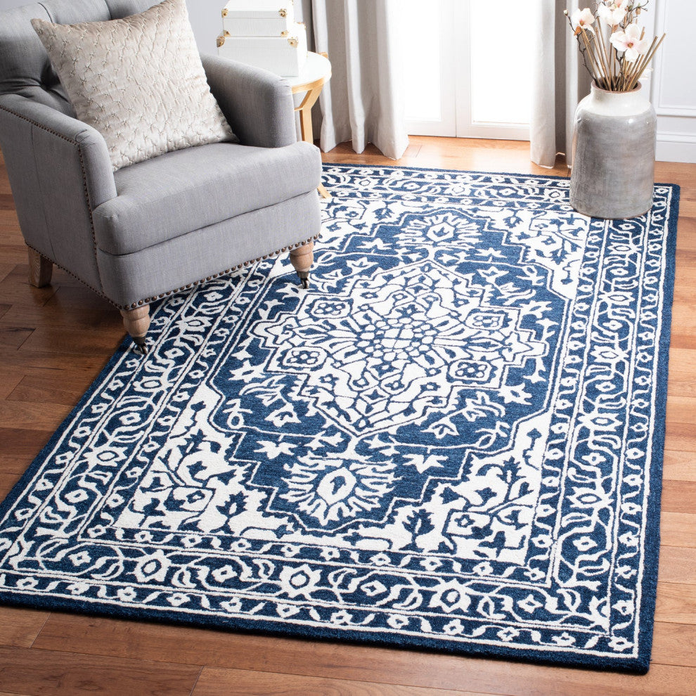 Safavieh Micro-Loop Mlp648N Traditional Rug, Navy and Ivory, 5'0"x5'0" Round
