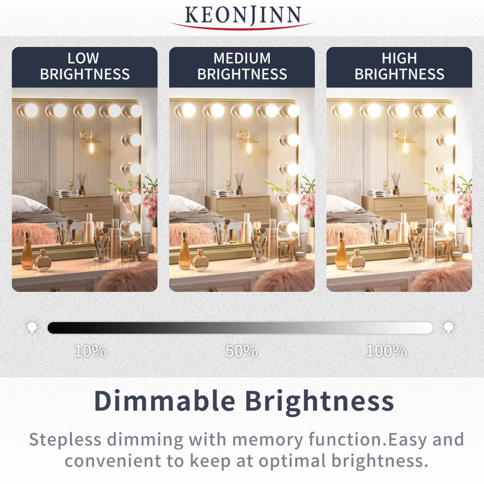 Hollywood Vanity Mirror, Lights,3 Color Lighting Modes, Memory, Gold, 23x18