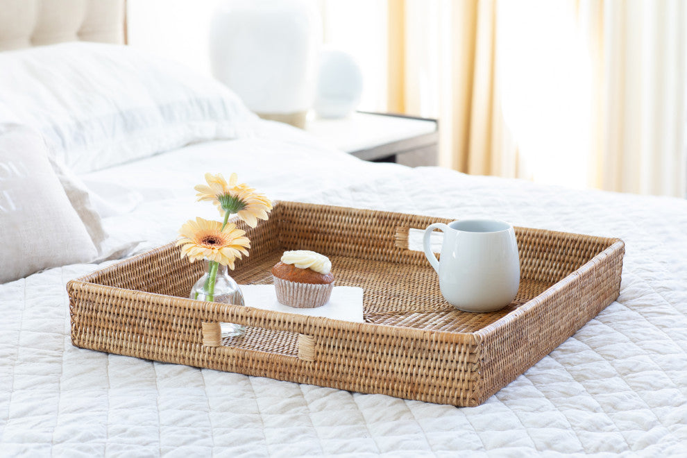 Artifacts Rattan™ Square Ottoman Tray with Cutout Handles, Honey Brown, 20"x20"